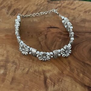 Handcrafted Silver Tone Metal Flower beaded Bracelet Hippie chain extension NWOT